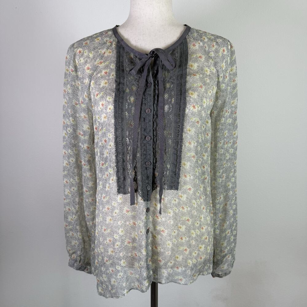 Sundance Silk Blouse Size Small‎ Lace Floral Grey/Yellow Mesh Cottagecore Boho